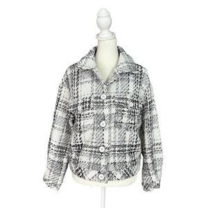 Cache Plaid Tweed Metallic Lined Button Up Jacket Black & White Size Medium
